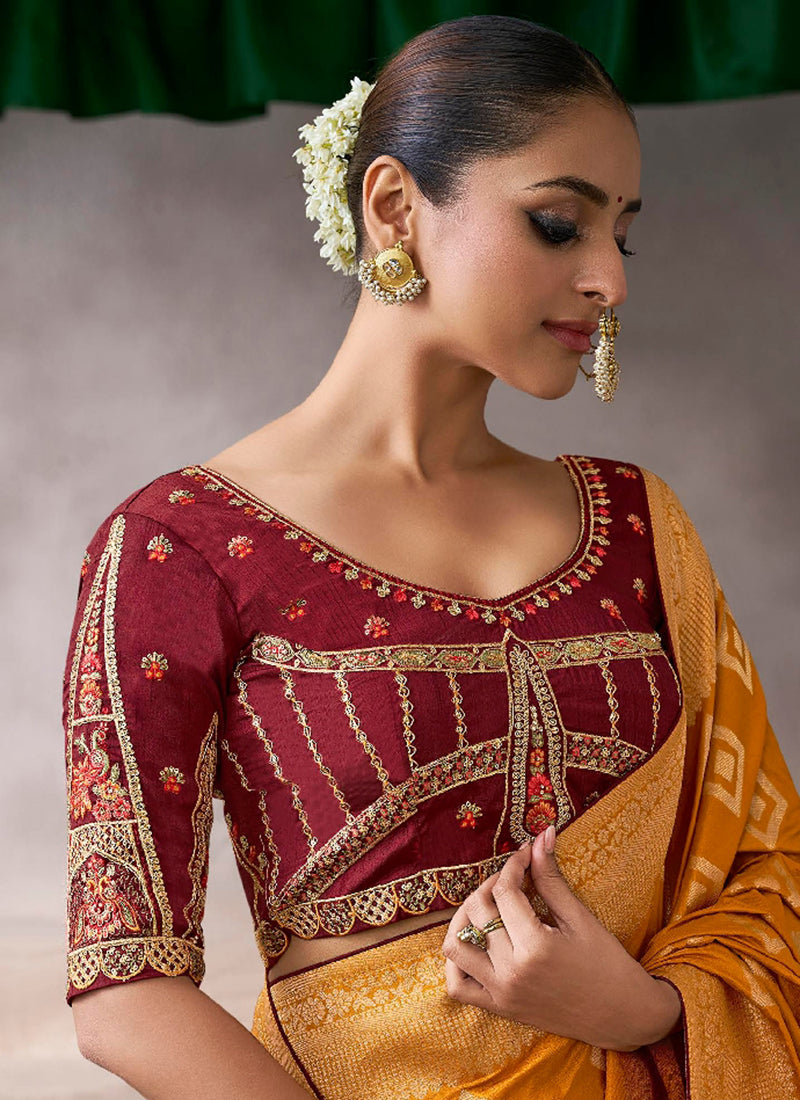 Pure Crepe Mustard Wedding Wear Heavy Work Wedding Saree 387278