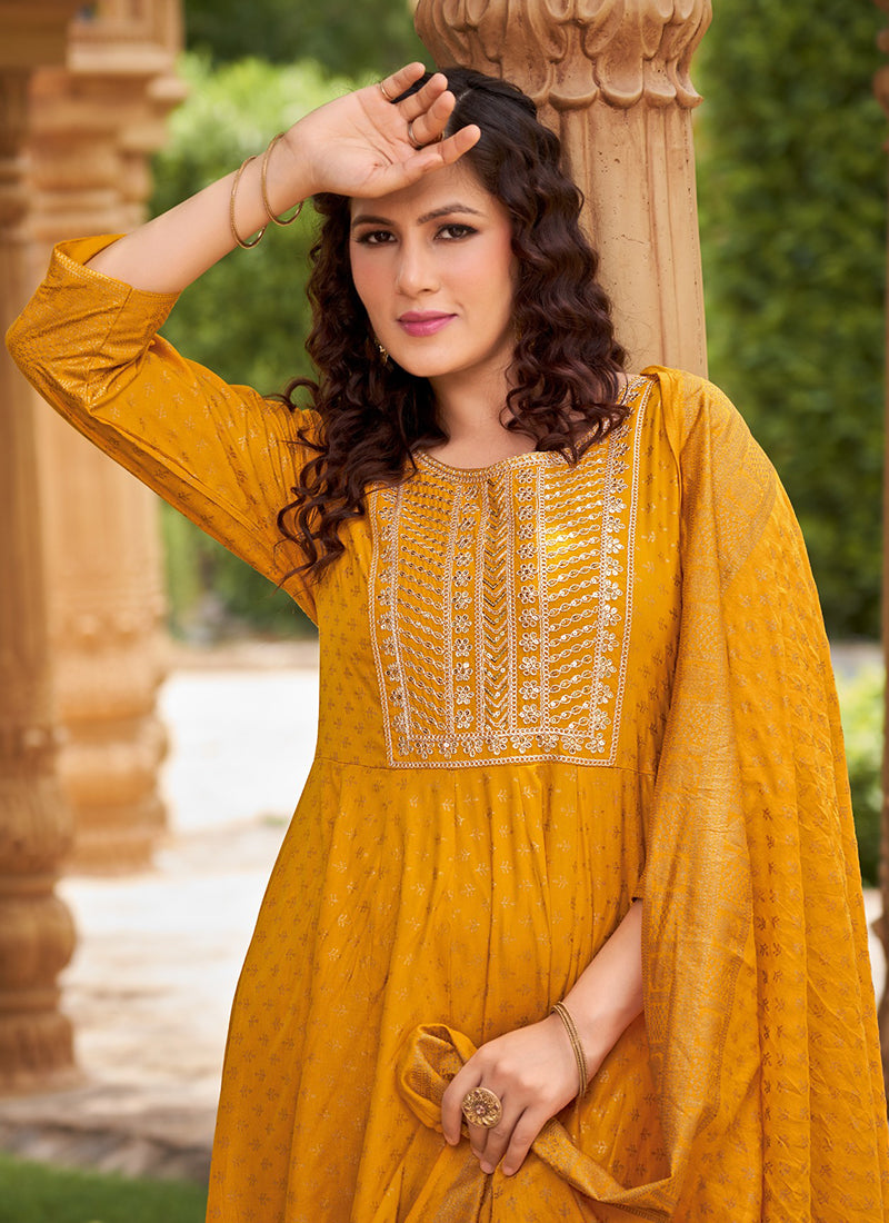 Rayon Mustard Casual Wear Sequin Work Readymade Anarkali Suit 380560