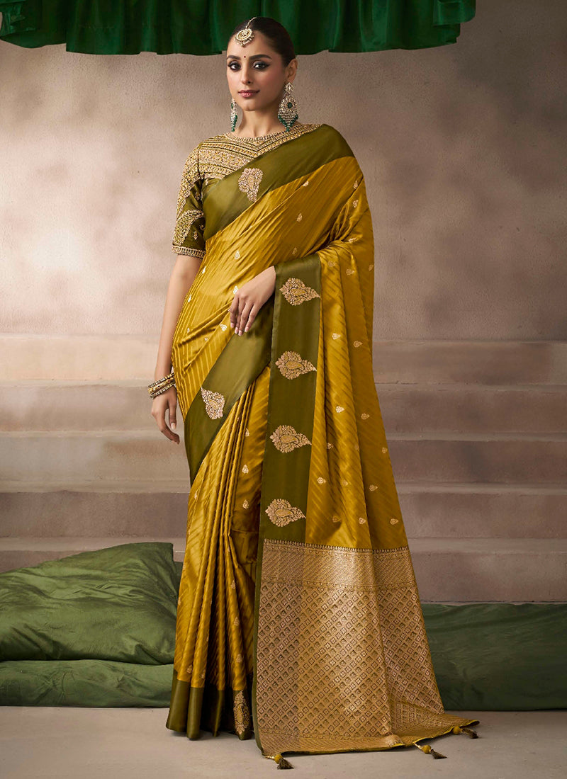 Satin Silk Mustard Saree with Zari Work for Wedding Wear 383513