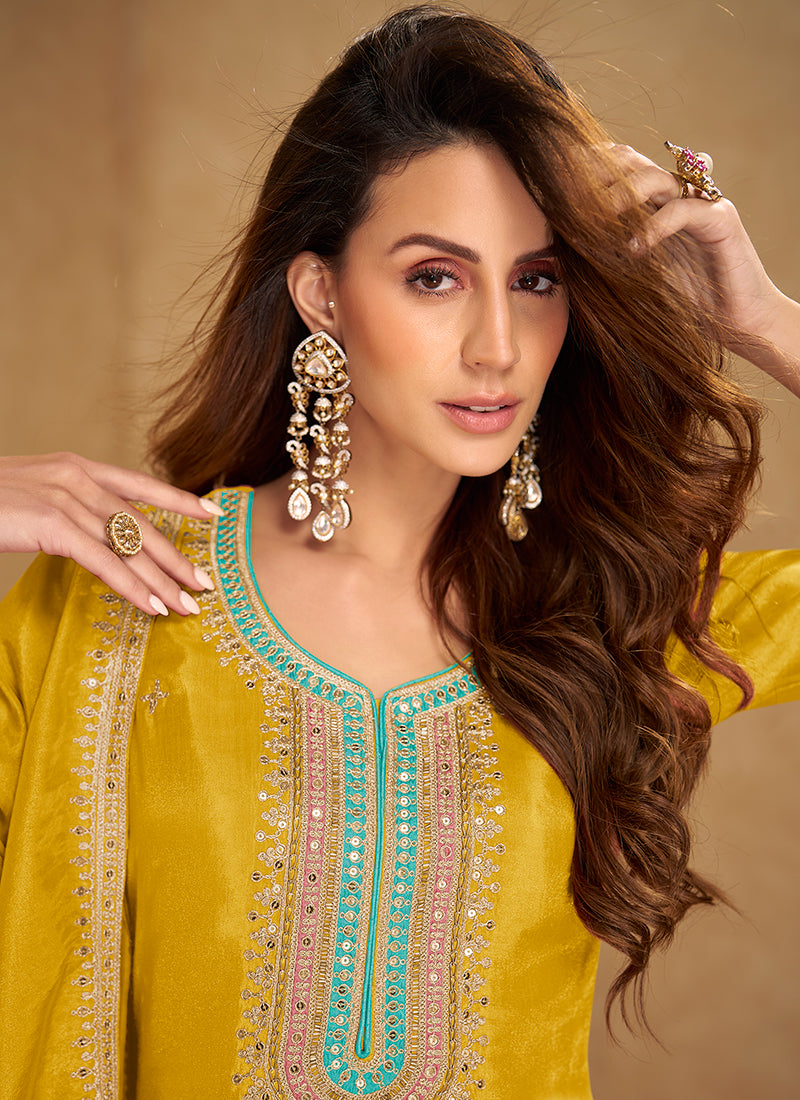 Shimmer Silk Mustard Wedding Wear Embroidery Work Readymade Patiyala Suit 385430