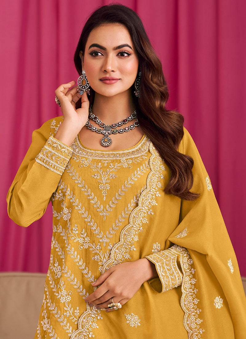 Shimmer Silk Mustard Wedding Wear Embroidery Work Readymade Plazzo Suit 385330