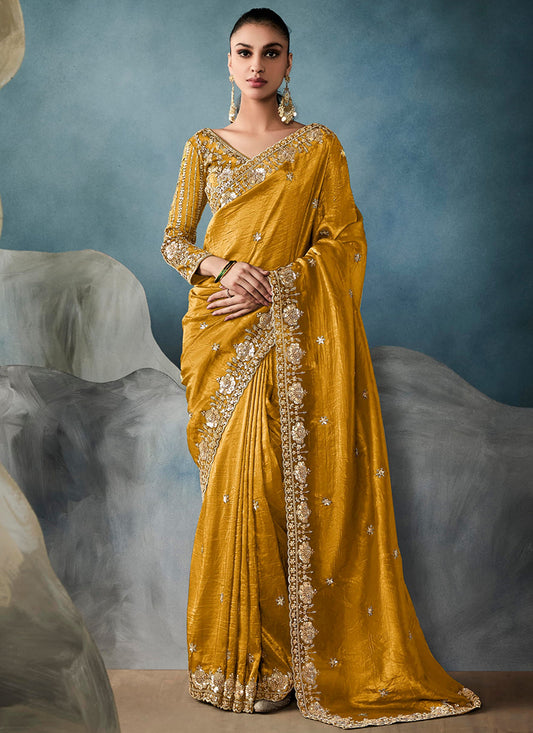 Tissue Light Mustard Wedding Wear Embroidery Work Saree 384623