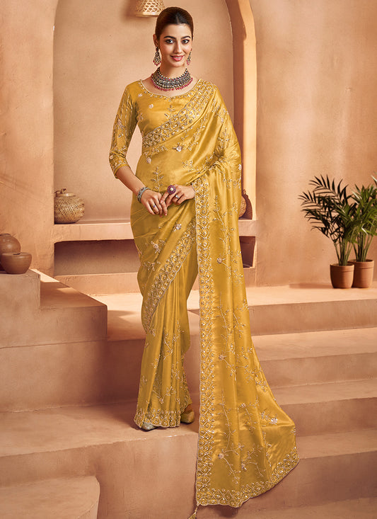 Tissue Mustard Saree with Sequin Work for Wedding Wear 381708