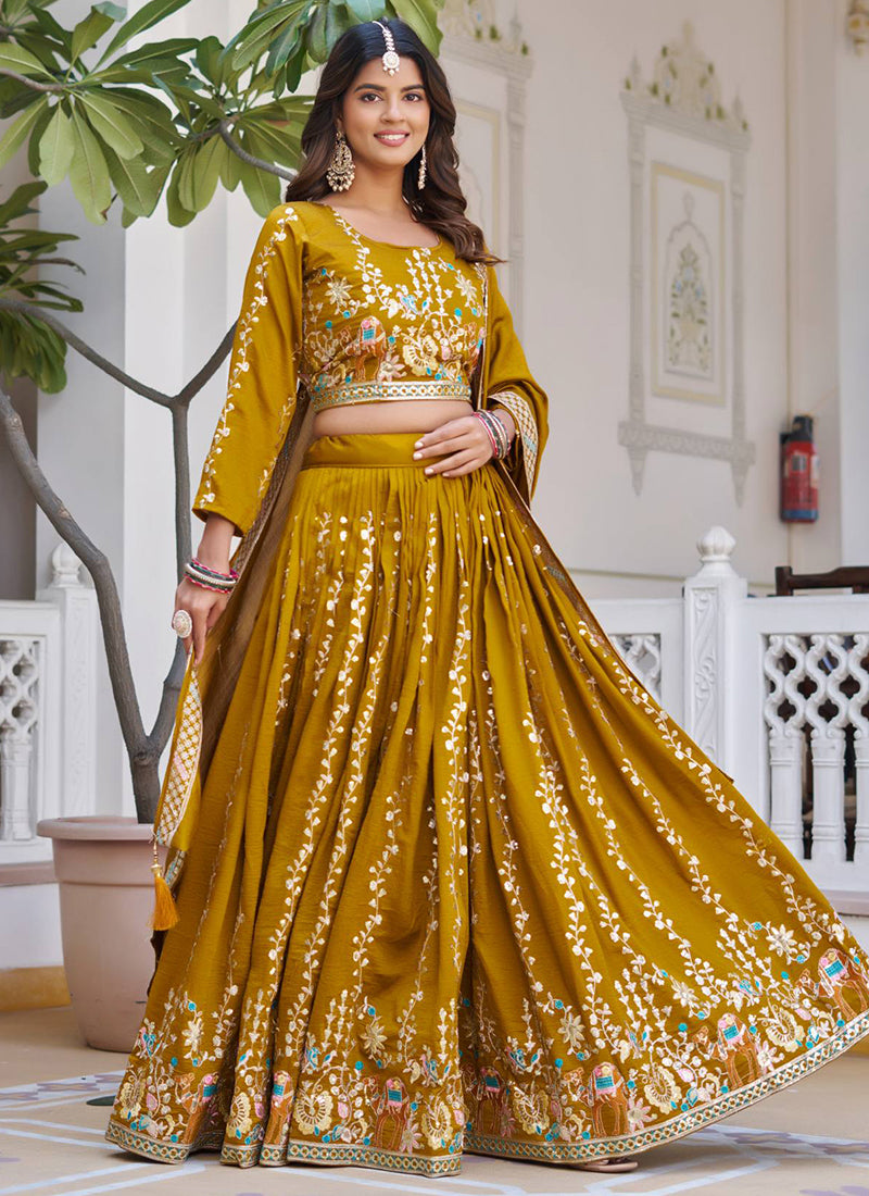 Vichitra Mustard Festival Wear Zari Embroidery Work Readymade Lehenga Choli 388470