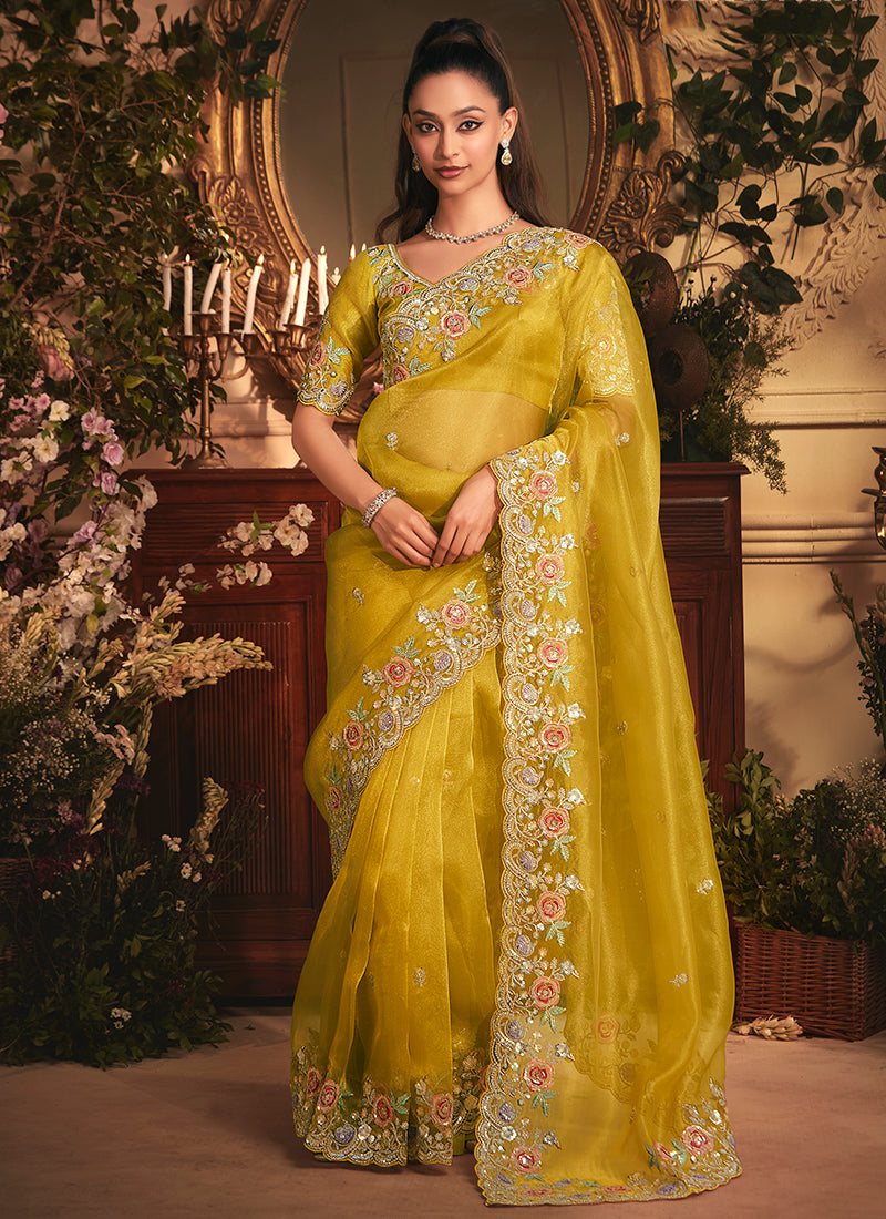 Tissue Organza Mustard Yellow Saree with Sequin Work for Wedding Wear 383995