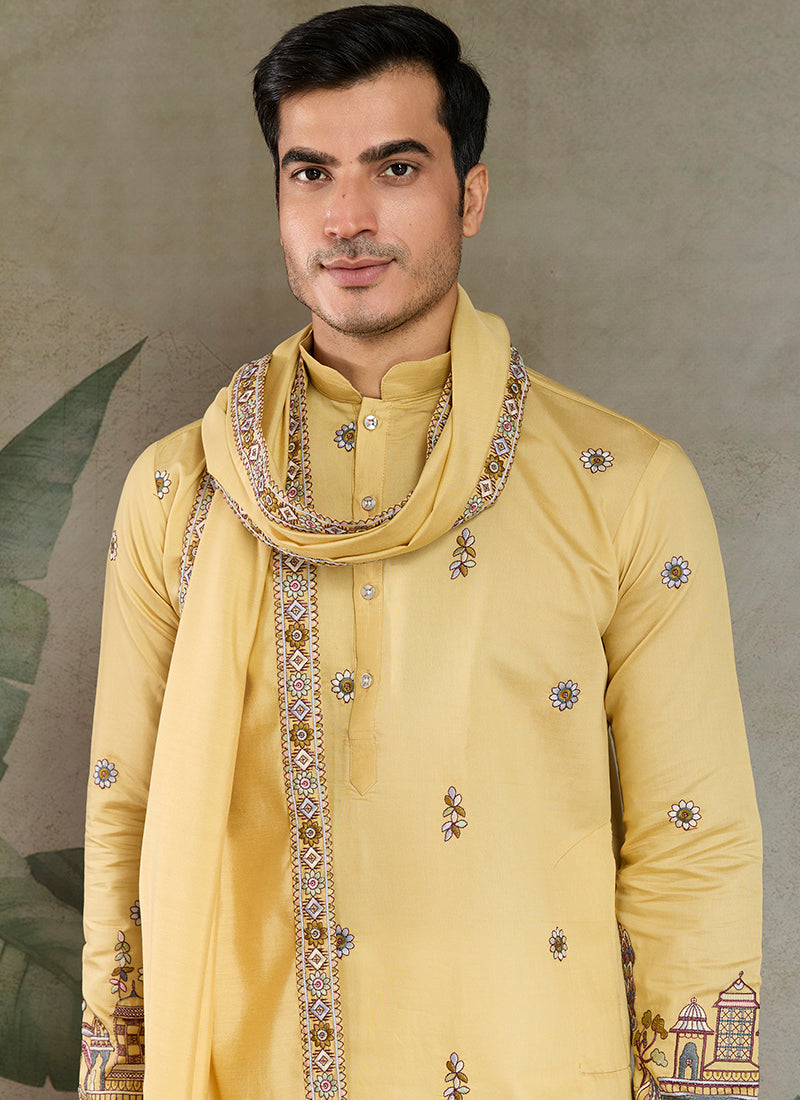 Viscose Silk Mustard Yellow Party Wear Embroidery Work Readymade Kurta With Dupatta 377162