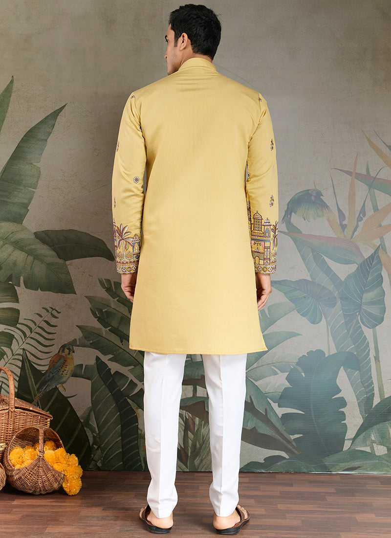 Viscose Silk Mustard Yellow Party Wear Embroidery Work Readymade Kurta With Dupatta 377162