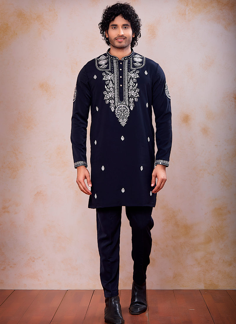 Navy Blue Armani Mirror Work Occasional Wear Readymade Kurta Pajama SW535432