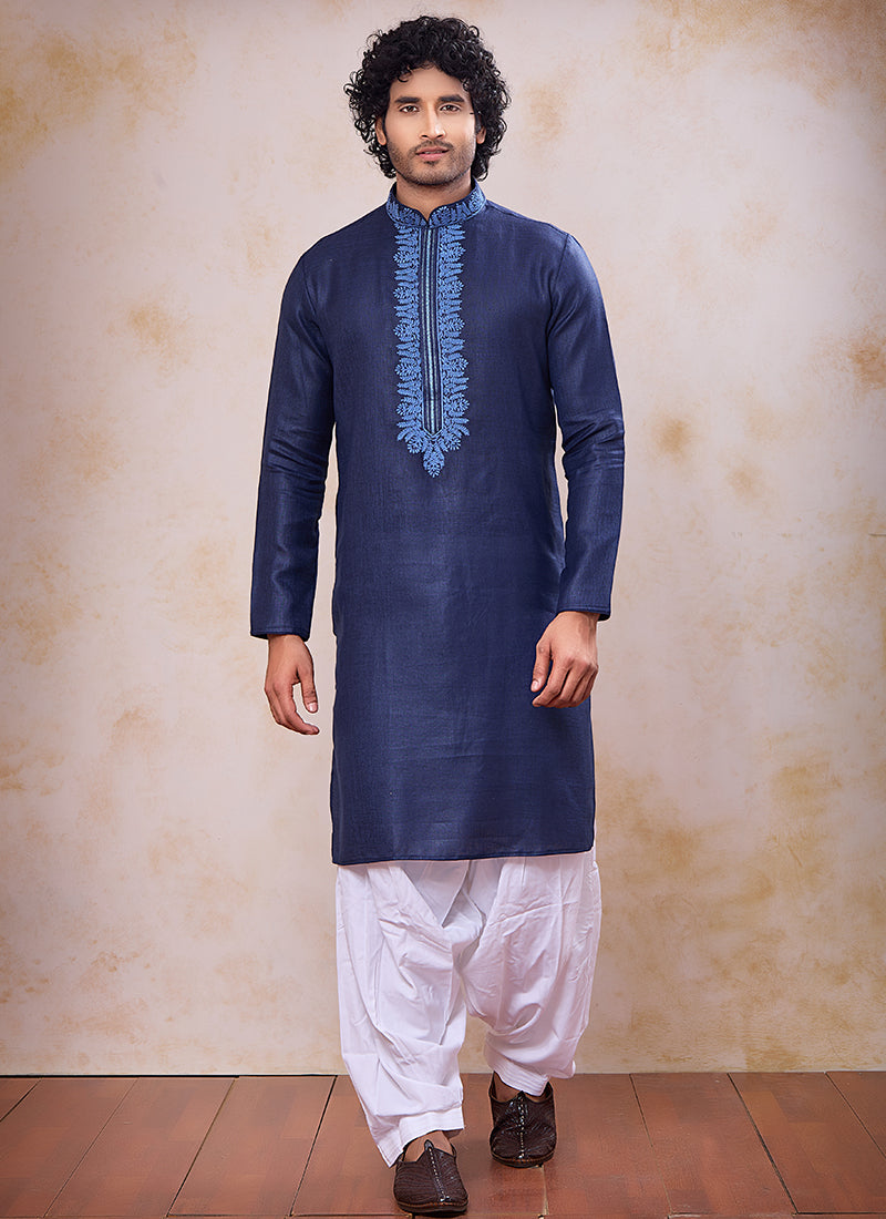 Navy Blue Linen Cotton Embroidery Work Occasional Wear Readymade Kurta Pajama SW308674