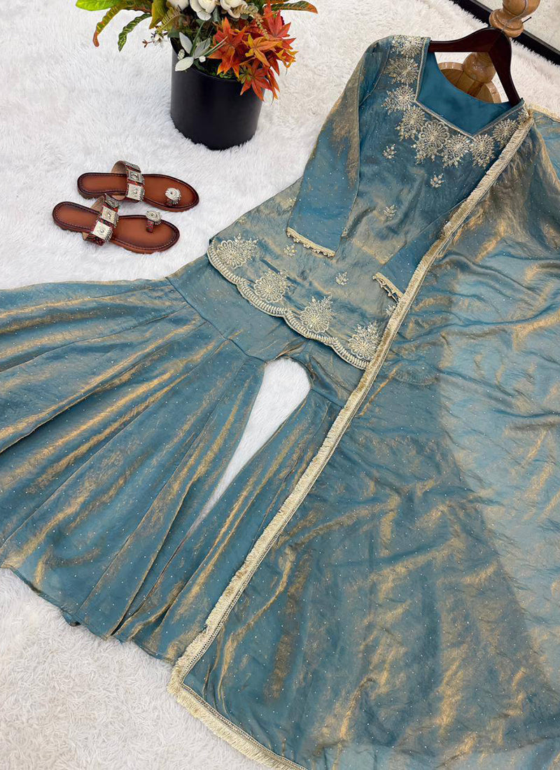 Navy Blue Fendy Silk Embroidery Work Occasional Wear Readymade Sharara Suit SW339266