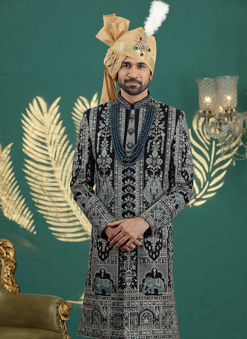 Art Silk Navy Blue Groom Wear Thread Work Readymade Groom Sherwani 385477