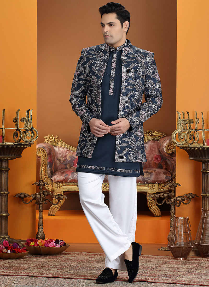 Art Silk Navy Blue Party Wear Computer Thread Work Readymade IndoWestern Sherwani 387370