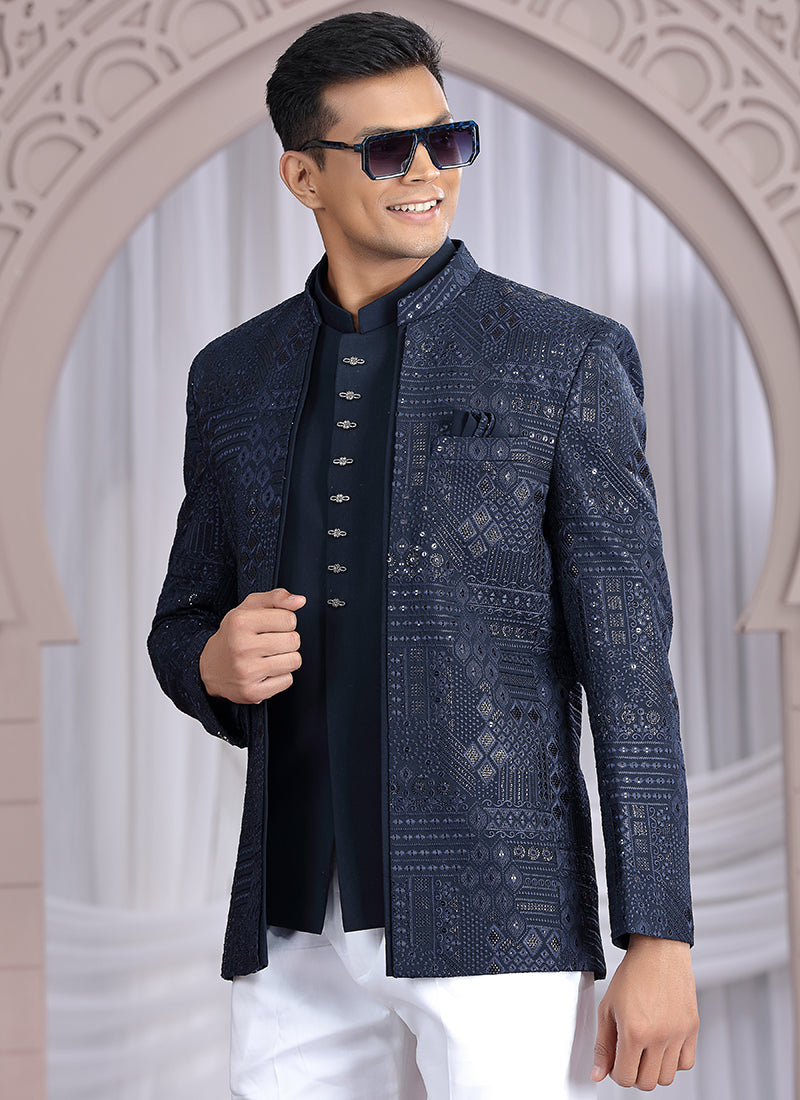 Art Silk Navy Blue Wedding Wear Pattern Pc Work Readymade Indo Western 385502