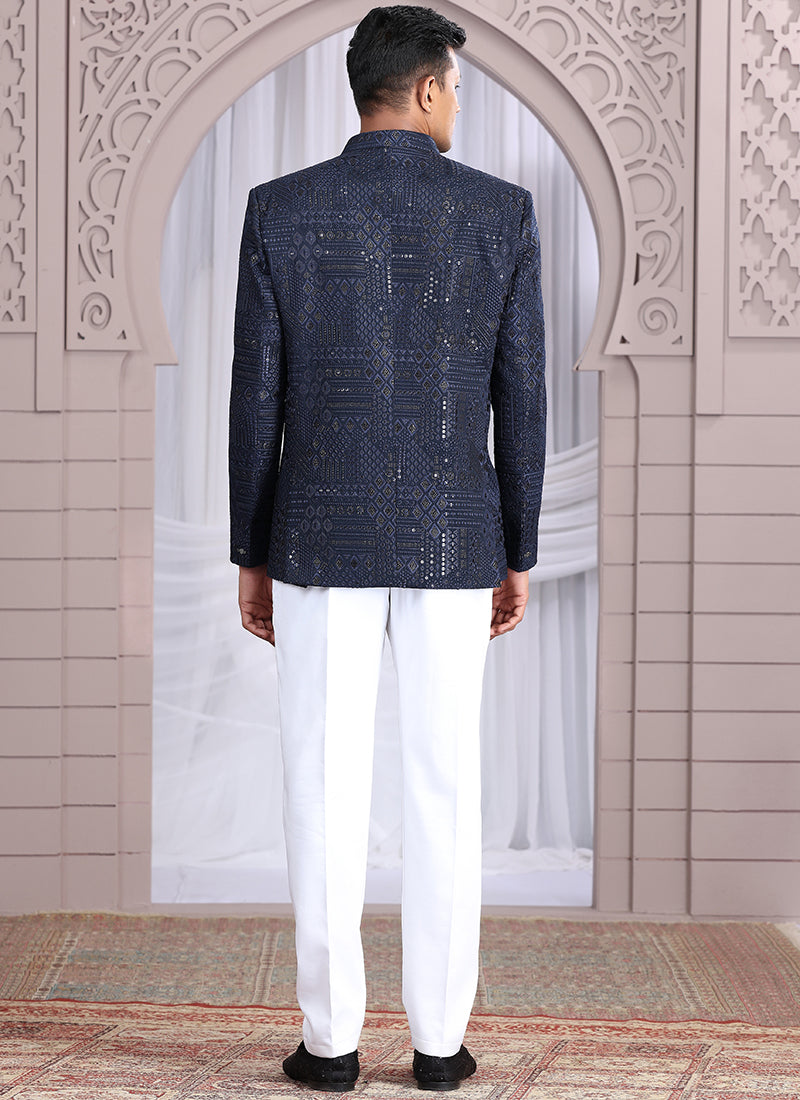 Art Silk Navy Blue Wedding Wear Pattern Pc Work Readymade Indo Western 385502