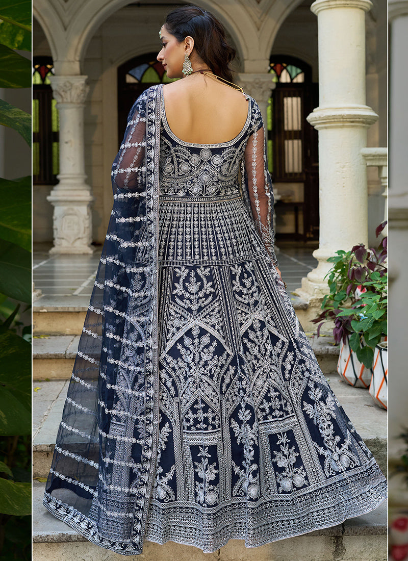 Navy Blue Butterfly Net Embroidery Work Wedding Wear Readymade Anarkali Suit SW851593