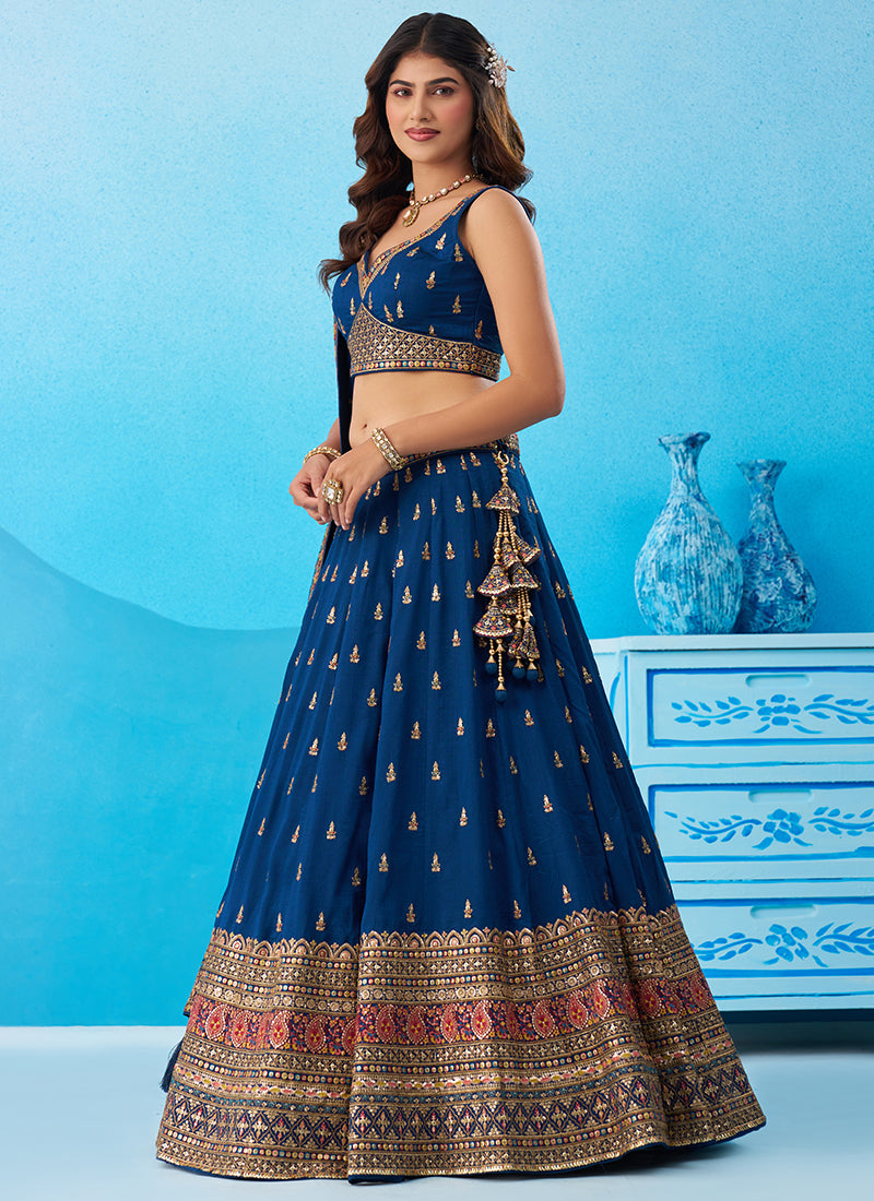 Navy Blue Chinon Sequins Work Occasional Wear Lehenga Choli SW618465