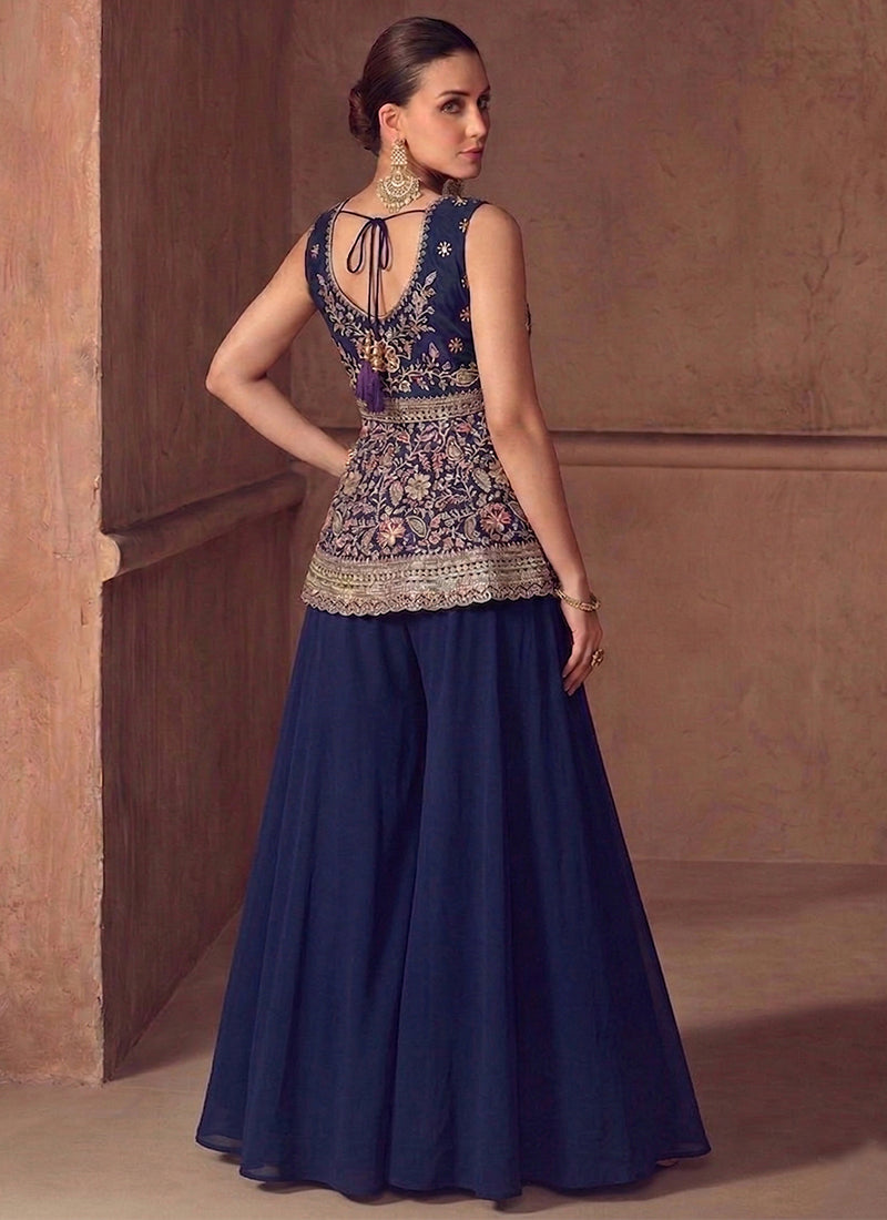 Navy Blue Georgette Sequins Work Festival Wear Readymade Plazzo Suit SW369562