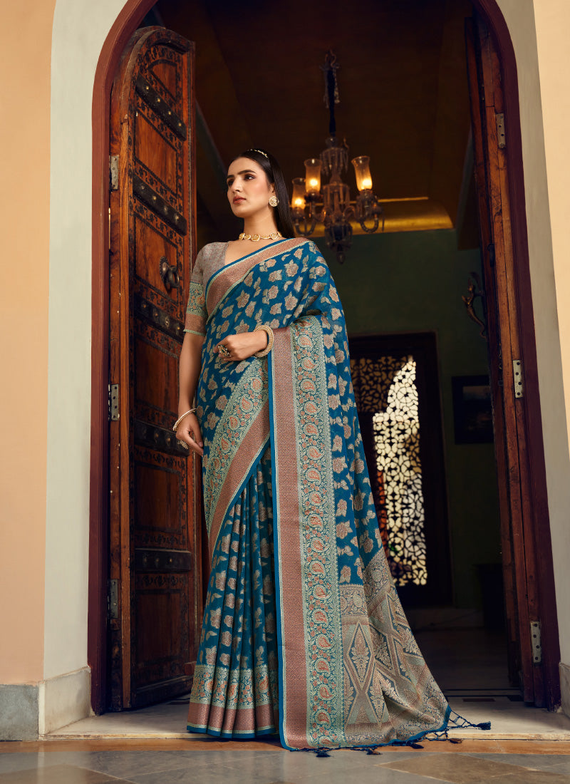 Georgette Navy Blue Festival Wear Weaving Work Saree 385989