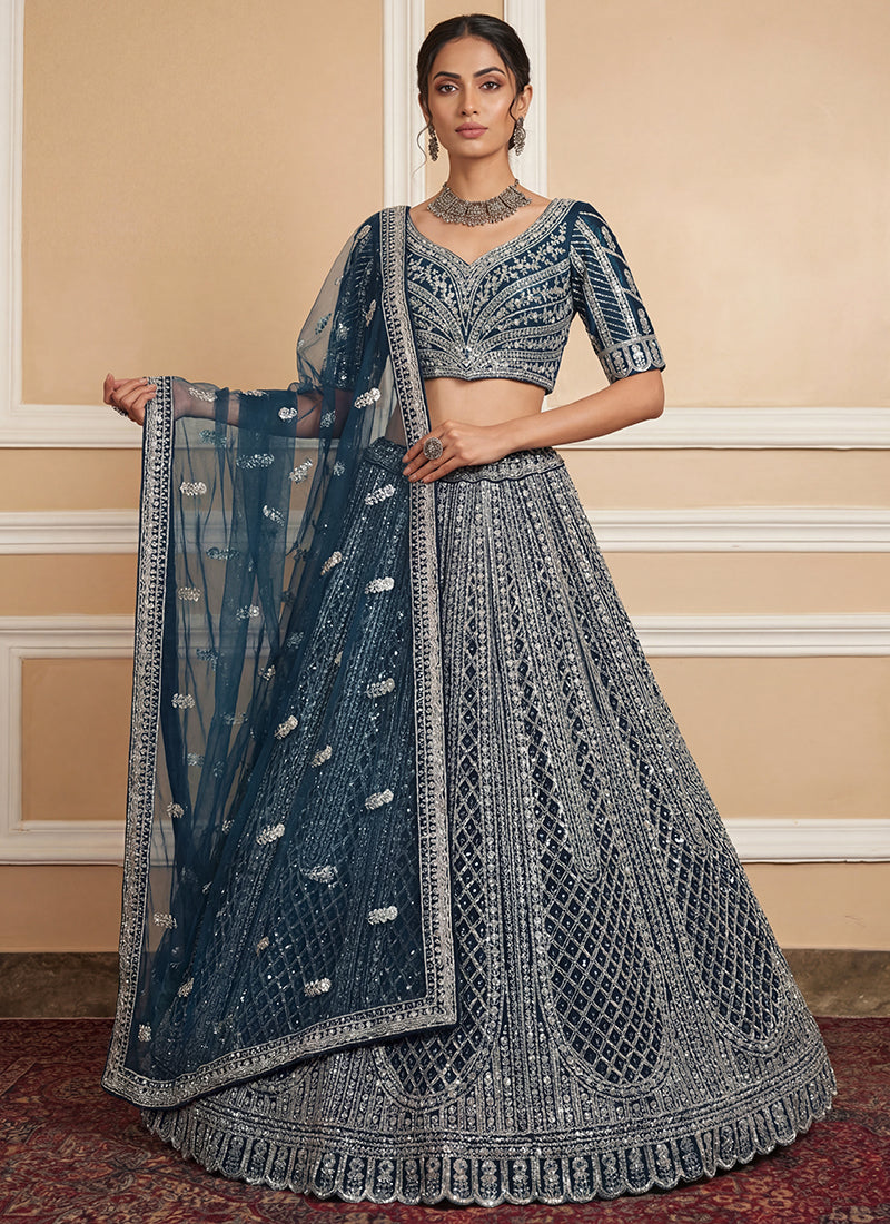 Navy Blue Heavy Net Zari & Sequins Embroidery Work Wedding Wear Wedding Lehenga Choli SW924830