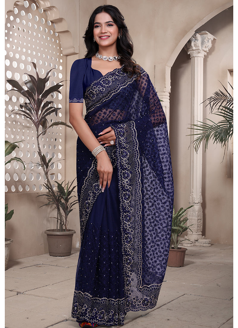 Net Navy Blue Saree with Thread Work for Festival Wear 380463