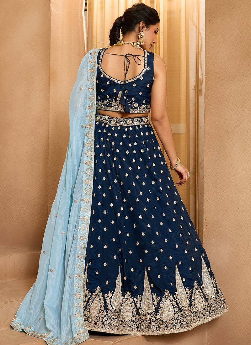 Organza Navy Blue Designer Wear Embroidery Work Lehenga Choli 385387