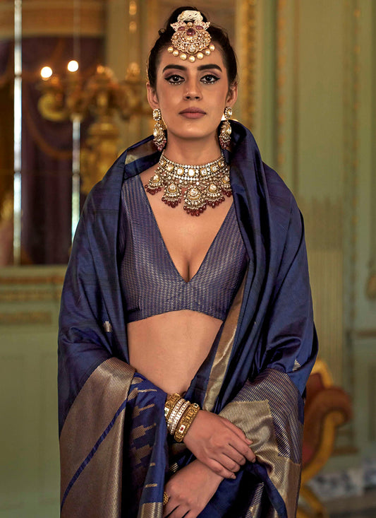 Navy Blue Silk Weaving Work Occasional Wear Saree SW978997