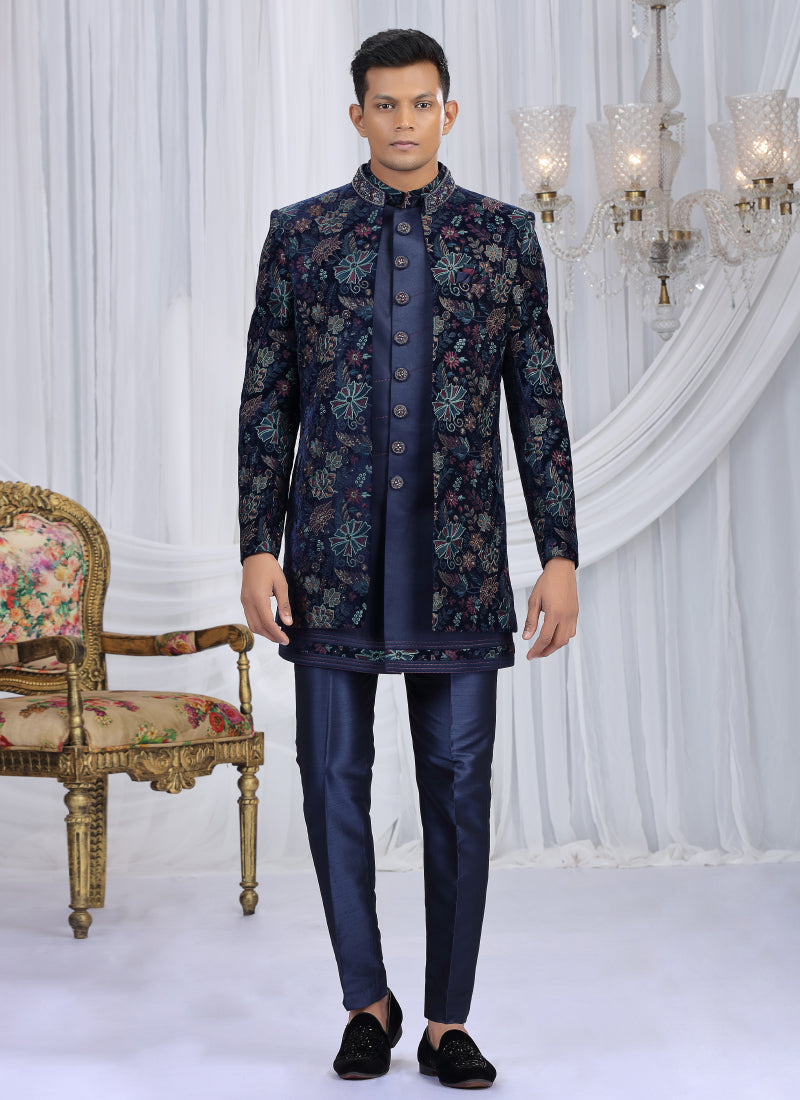 Velvet Silk Navy Blue Wedding Wear Computer Thread Work Readymade Indo Western Sherwani 386027