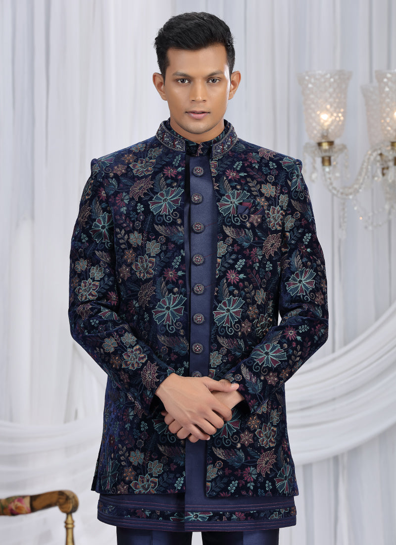 Velvet Silk Navy Blue Wedding Wear Computer Thread Work Readymade Indo Western Sherwani 386027