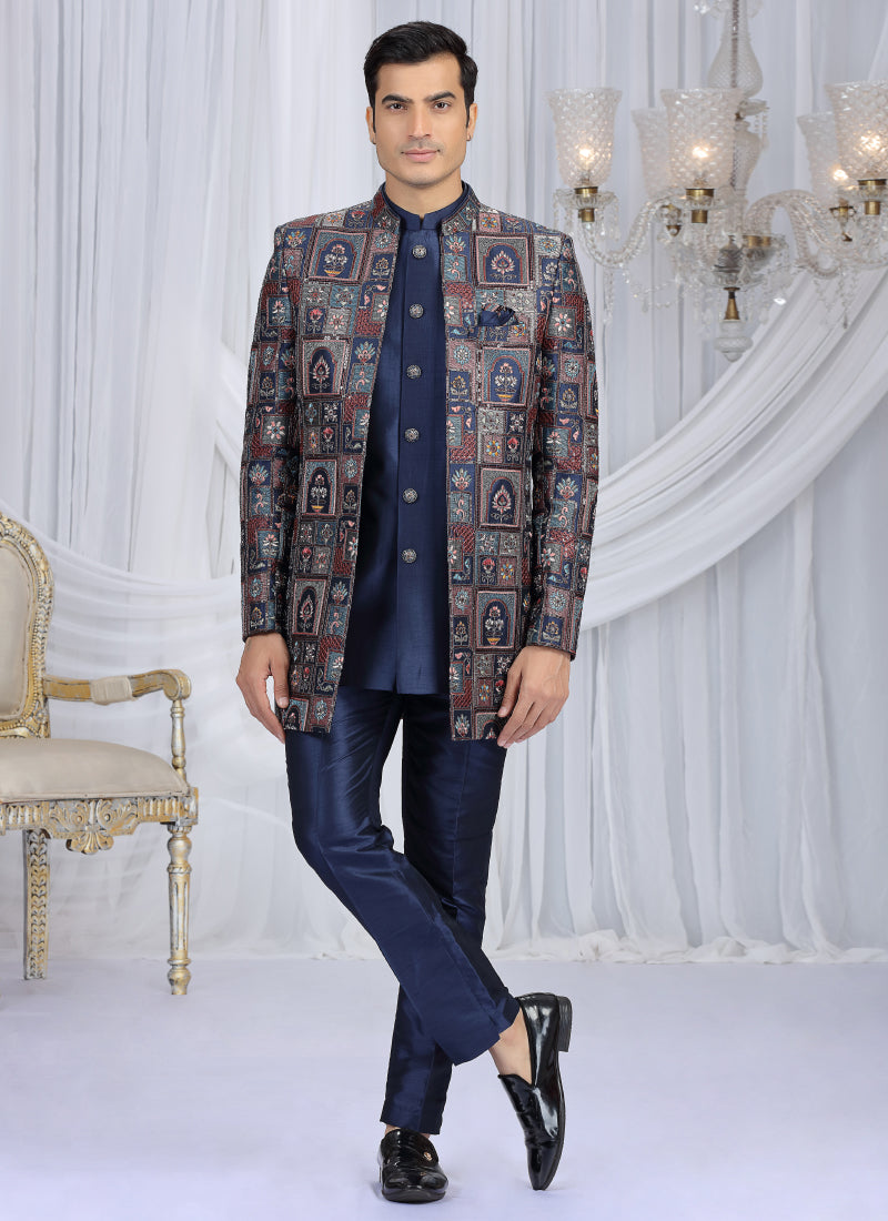 Velvet Silk Navy Blue Wedding Wear Computer Thread Work Readymade Indo Western Sherwani 386033