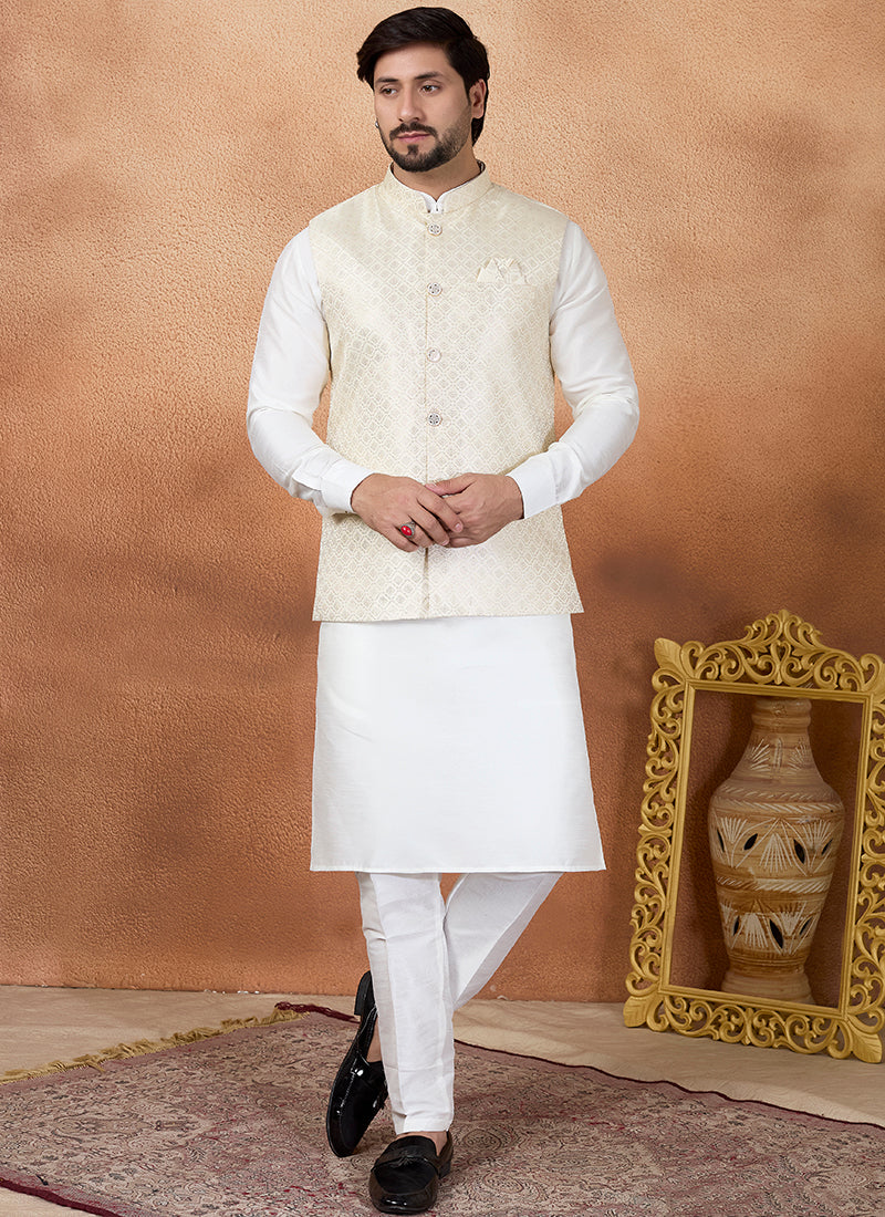 Off White Art Banarasi Silk Pattern Pcs Wedding Wear Readymade Modi Jacket Kurta Pajama SW334859