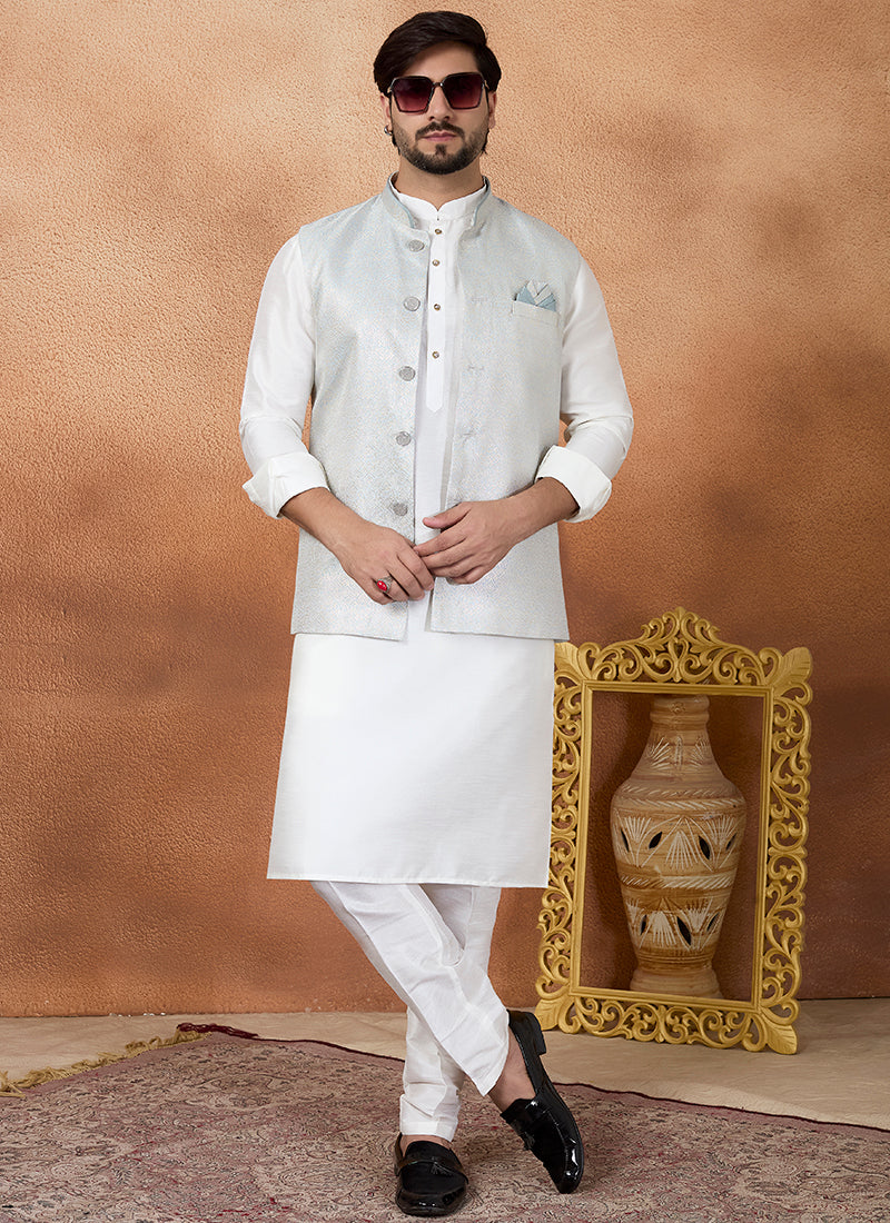 Off White Art Banarasi Silk Pattern Pcs Wedding Wear Readymade Modi Jacket Kurta Pajama SW625943