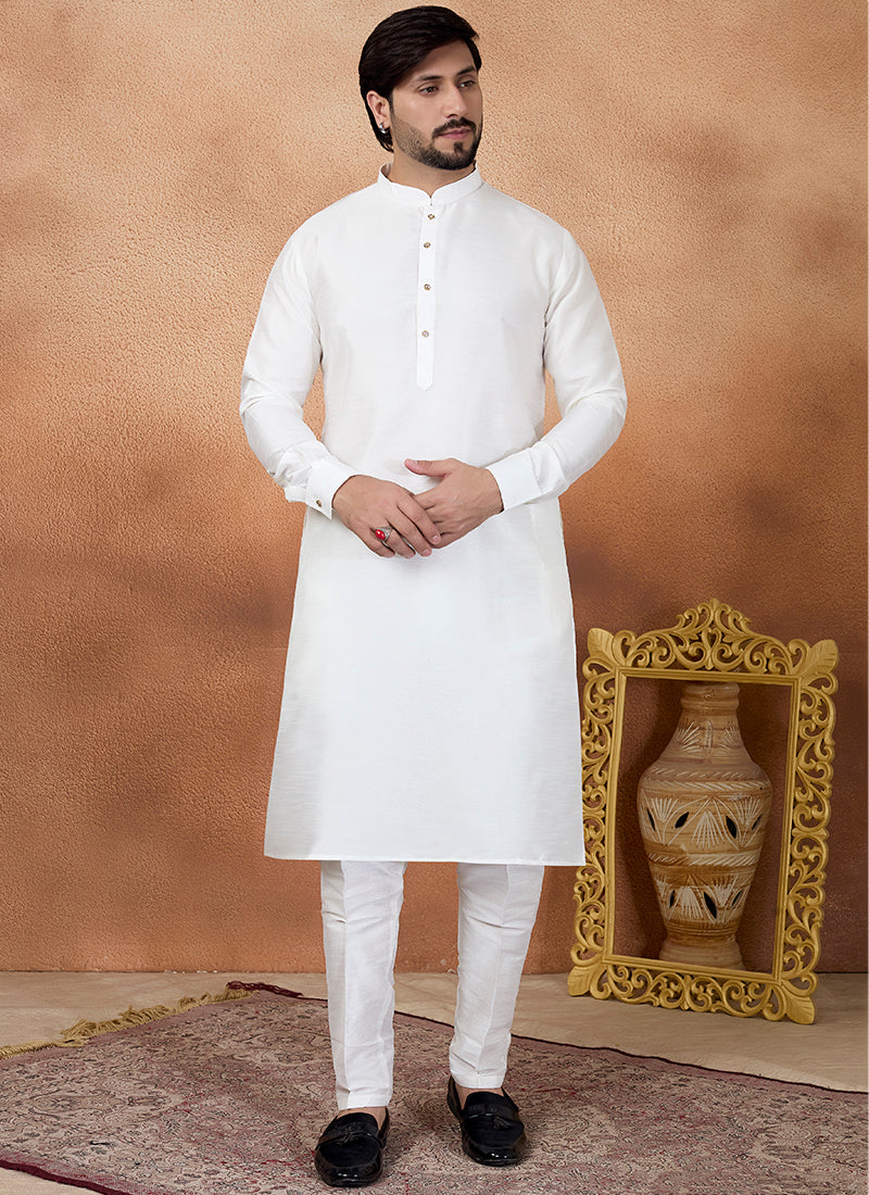 Off White Art Silk Pattern Pcs Occasional Wear Readymade Kurta Pajama SW634382