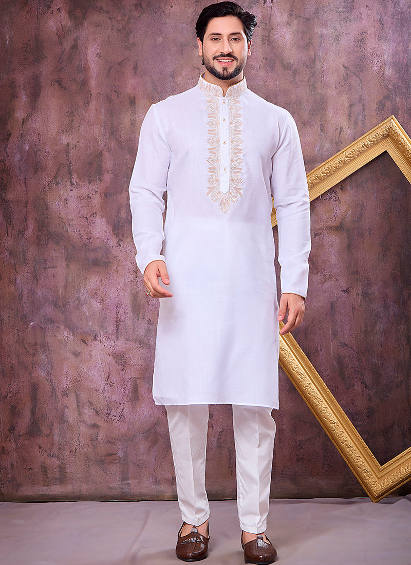 Off White Linen Cotton Embroidery Work Occasional Wear Readymade Kurta Pajama SW894227
