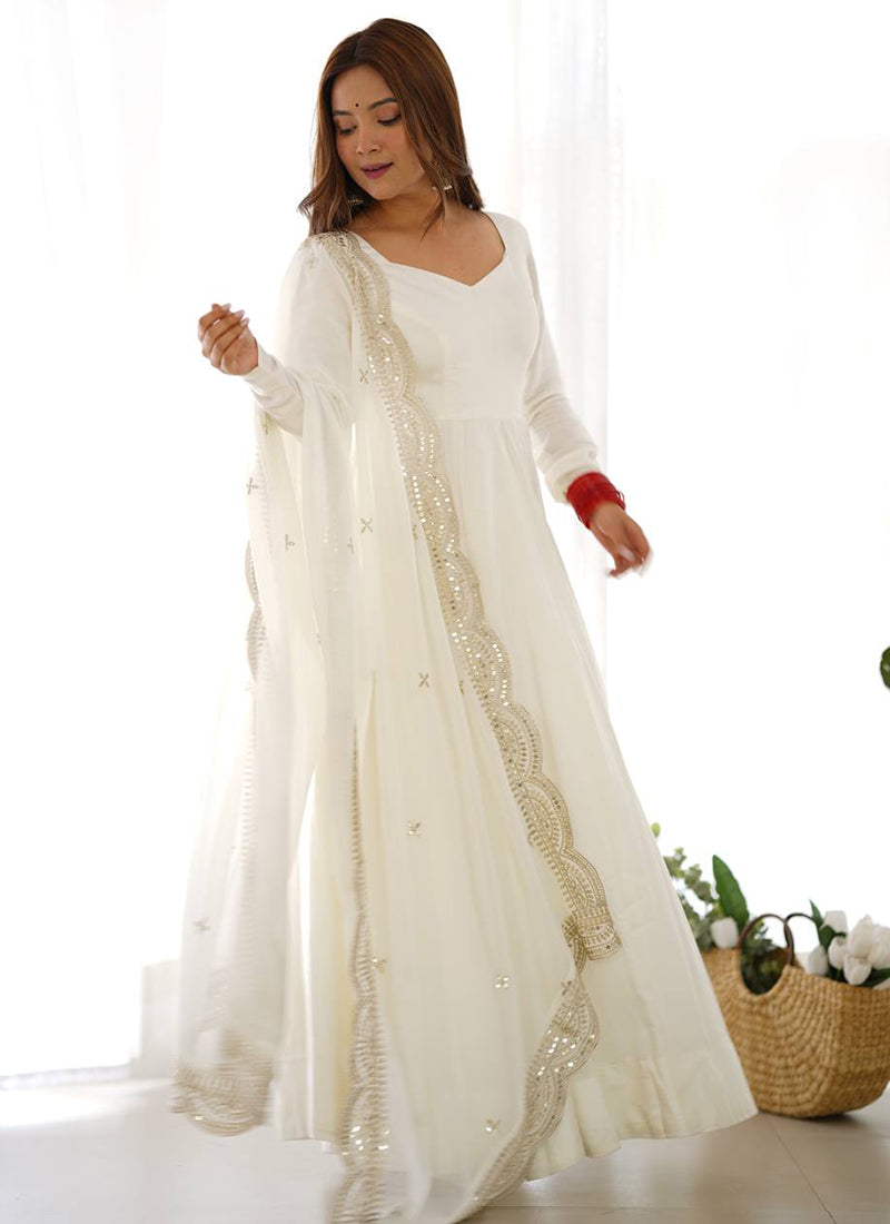 Off White Roman Silk Plain Work Party Wear Readymade Gown SW867470