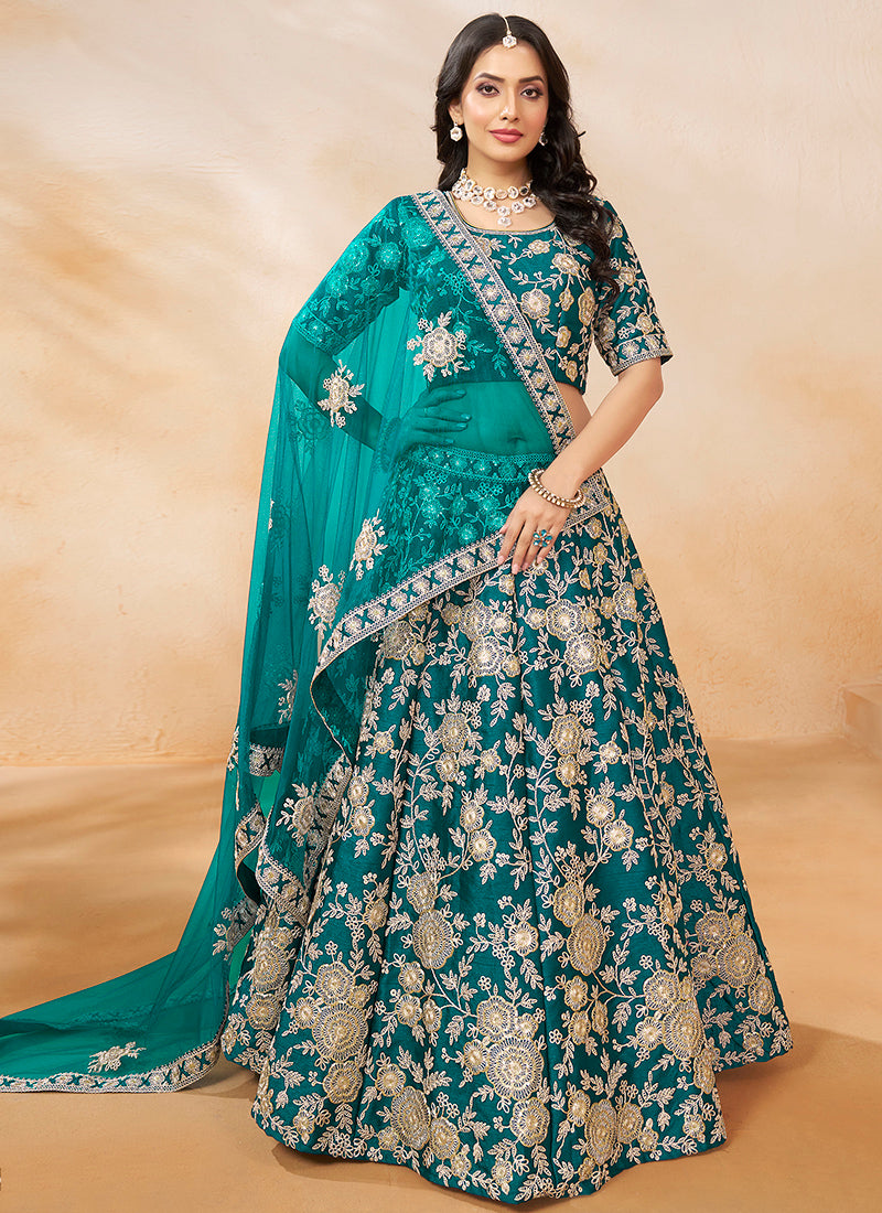 386703 Art Silk Ocean Blue Wedding Wear Zari Embroidery Work Lehenga Choli