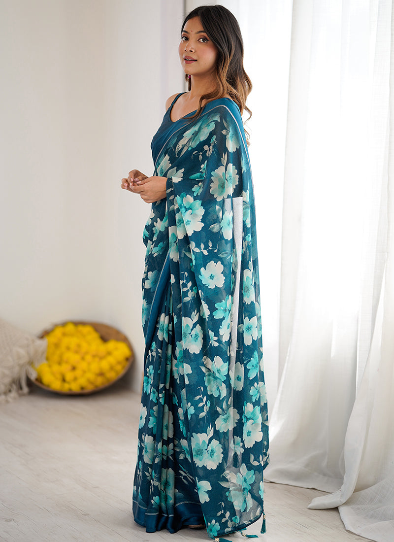Moss Satin Patta Ocean Blue Daily Wear Floral Print Work Saree 388518