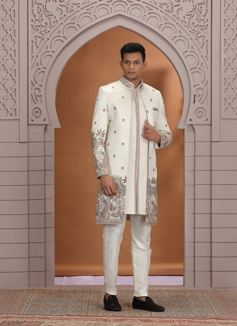 Art Silk Off White Wedding Wear Embroidery Work Readymade Indo Western Sherwani 386011