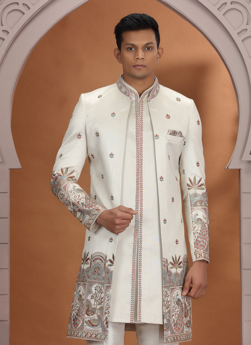 Art Silk Off White Wedding Wear Embroidery Work Readymade Indo Western Sherwani 386011