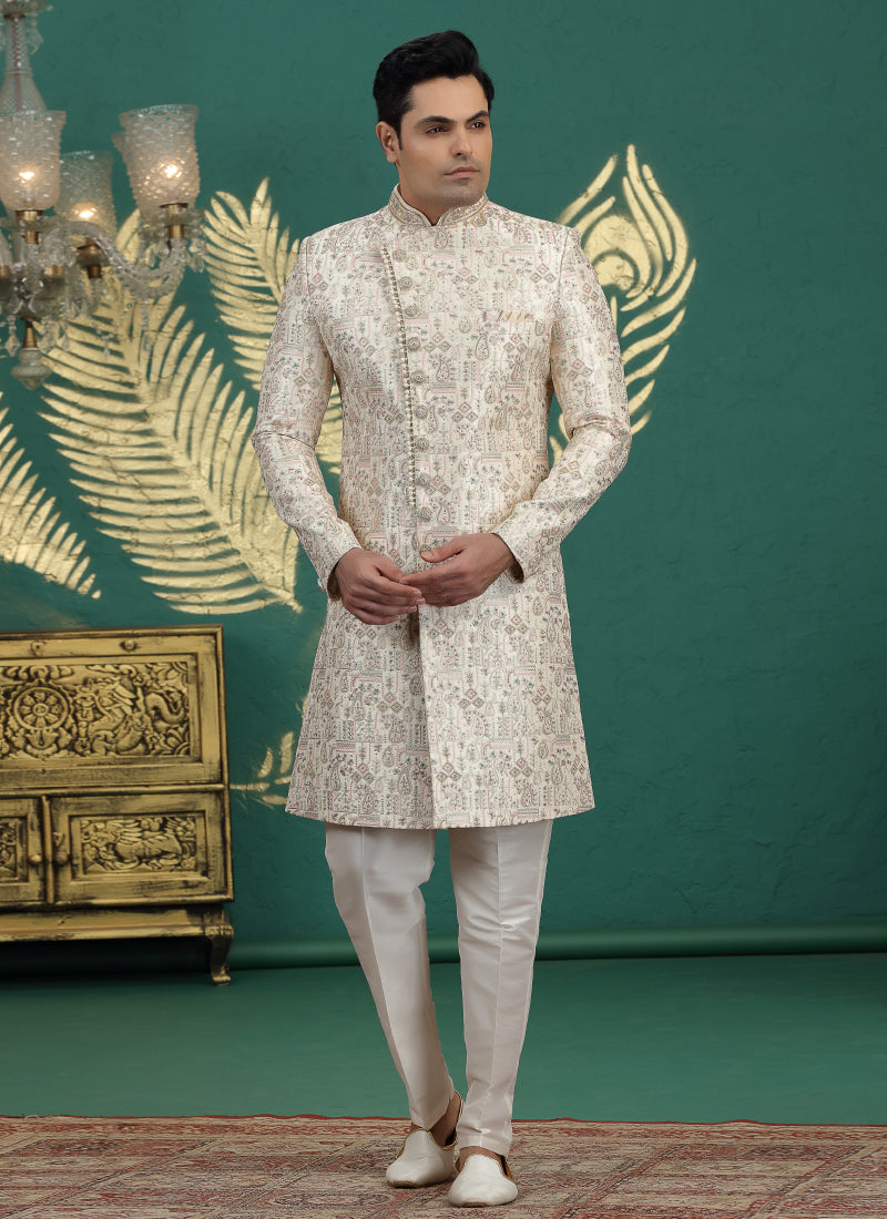 Art Silk Off White Wedding Wear Hand Embroidery Readymade Groom Sherwani 386003