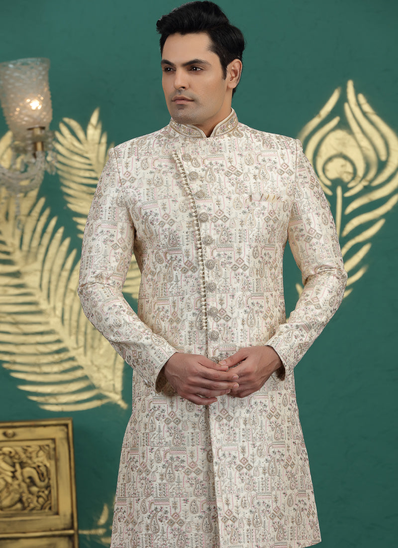 Art Silk Off White Wedding Wear Hand Embroidery Readymade Groom Sherwani 386003