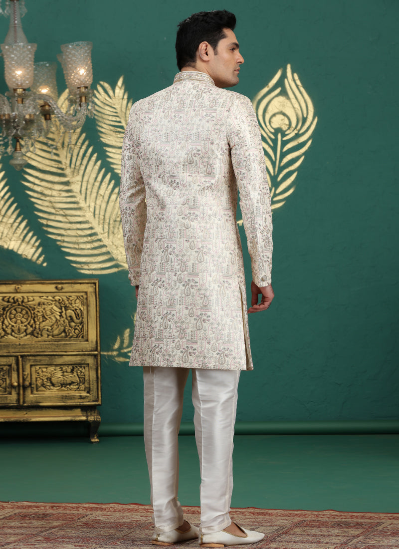Art Silk Off White Wedding Wear Hand Embroidery Readymade Groom Sherwani 386003