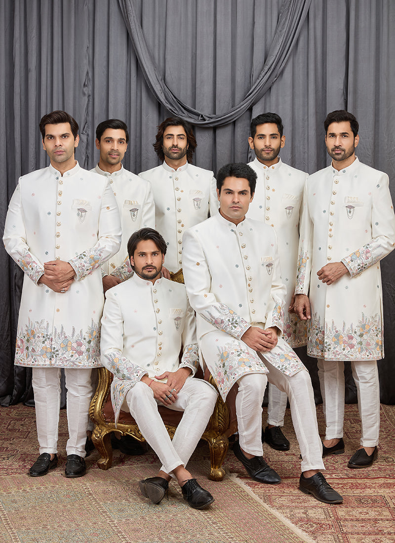 Off White Art Silk Patten Pcs Wedding Wear Readymade Indowestern Suit SW896146