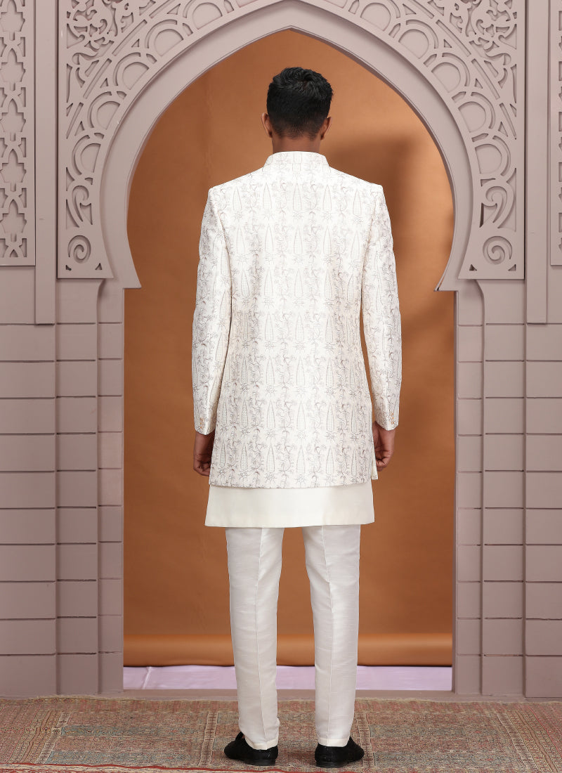 Art Silk Off White Wedding Wear Pattern Pc Work Readymade Indo Western Sherwani 386017