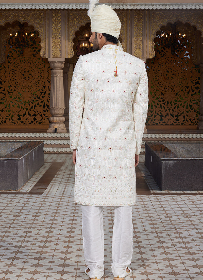 Off White Art Silk Thread Work Wedding Wear Readymade Indo Western Sherwani SW910914