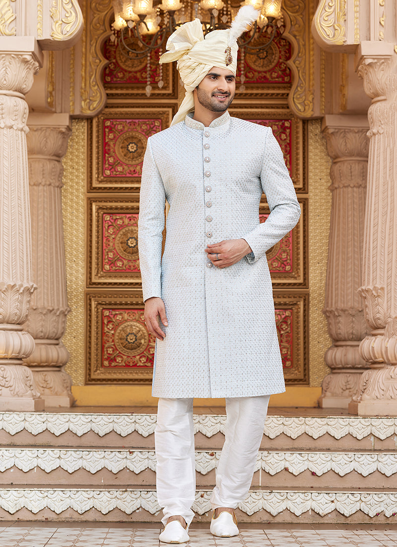 Off White Art Silk Thread Work Wedding Wear Readymade Indo Western Sherwani SW960535