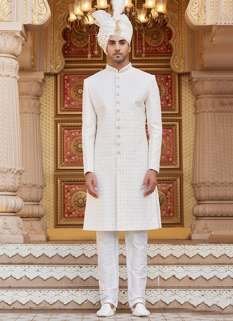 Off White Art Silk Thread Work Wedding Wear Readymade Indo Western Sherwani SW224332