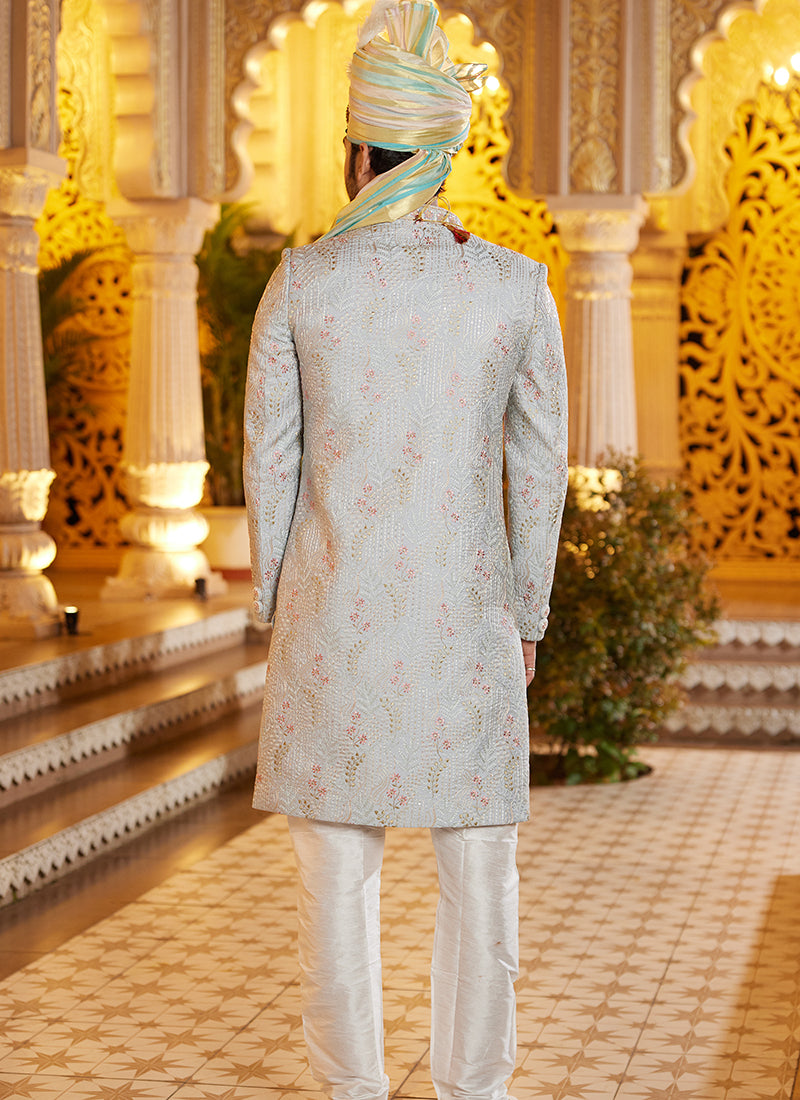 Off White Art Silk Thread Work Wedding Wear Readymade Indo Western Sherwani SW962603