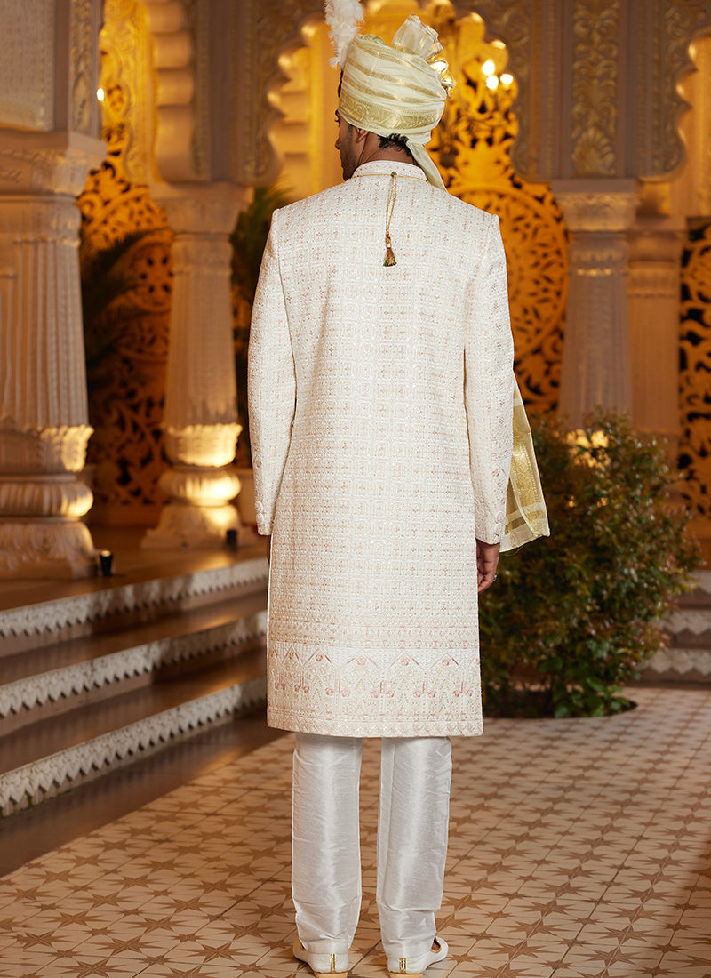 Off White Art Silk Thread Work Wedding Wear Readymade Indo Western Sherwani SW897147