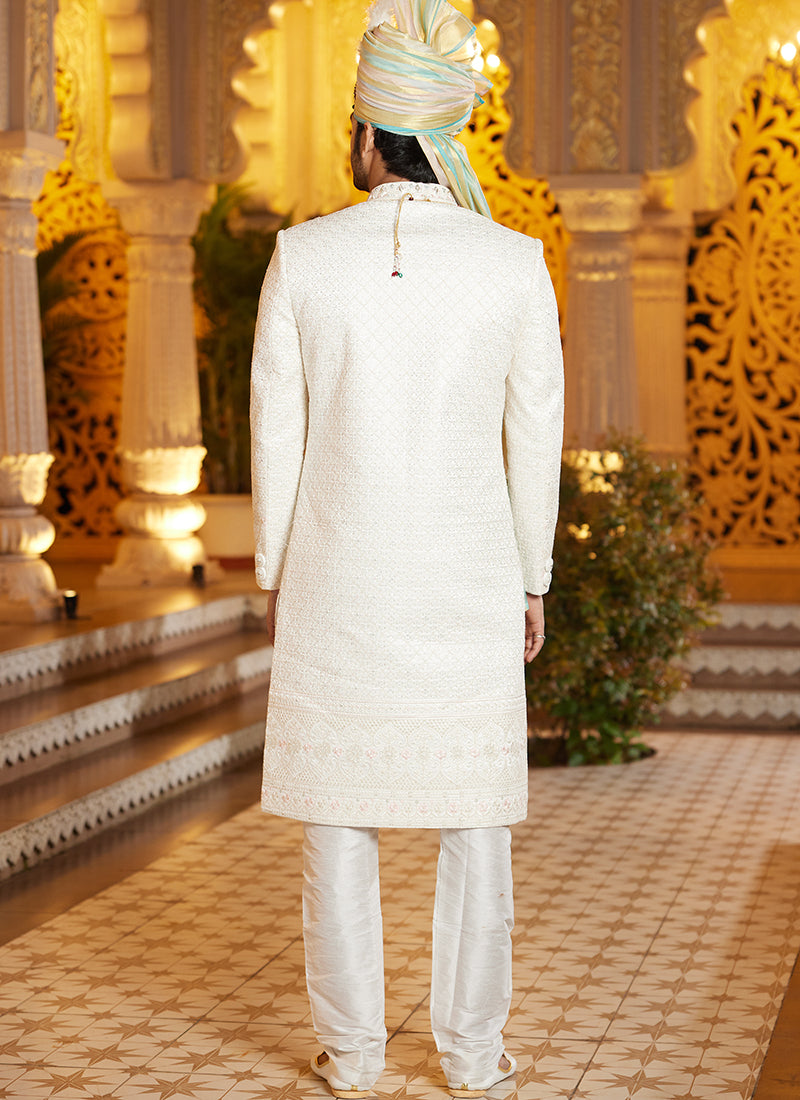 Off White Art Silk Thread Work Wedding Wear Readymade Indo Western Sherwani SW854633