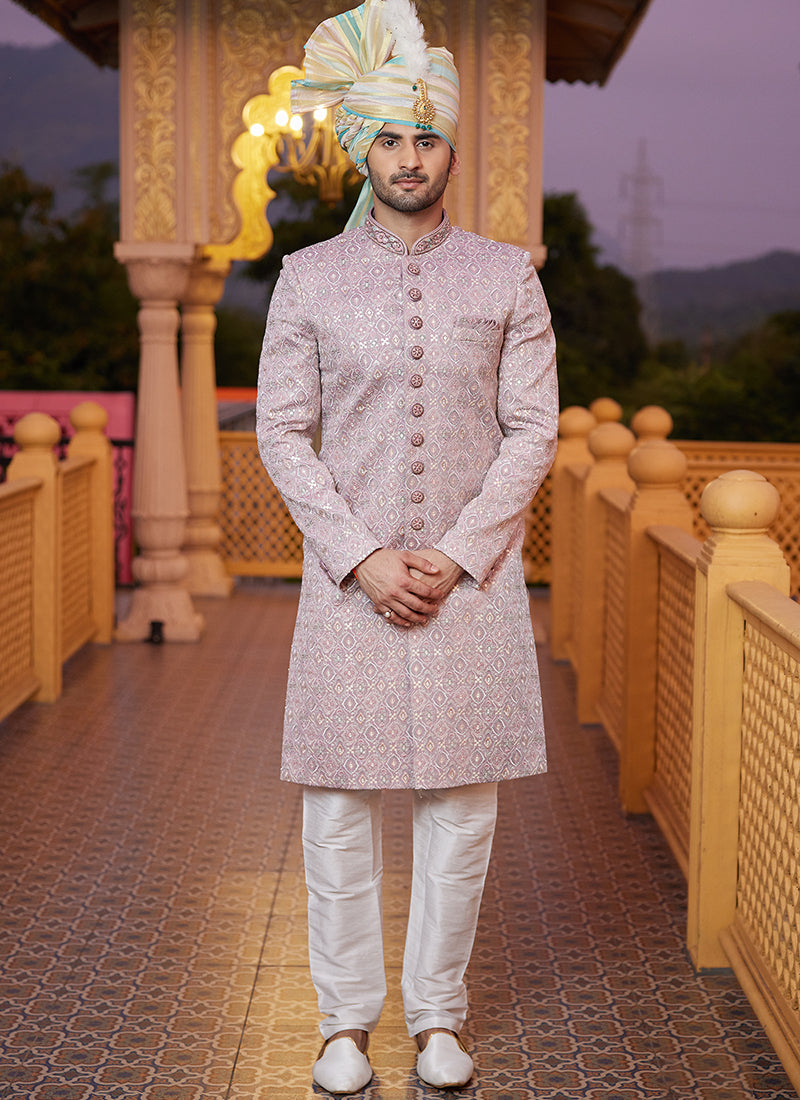 Off White Art Silk Thread Work Wedding Wear Readymade Indo Western Sherwani SW913490